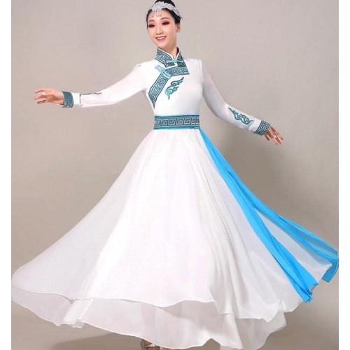 White with blue Mongolian dance dresses female modern ethnic minority wild goose swing skirt Mongolian patriarch performance gown